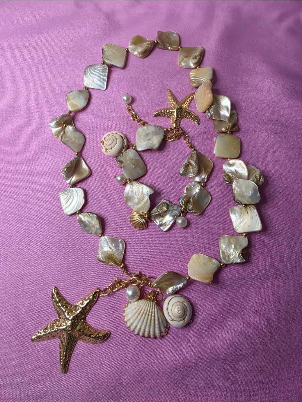 Gold-Tone Shell & Starfish Necklace - Mother-of-Pearl Beach Charm